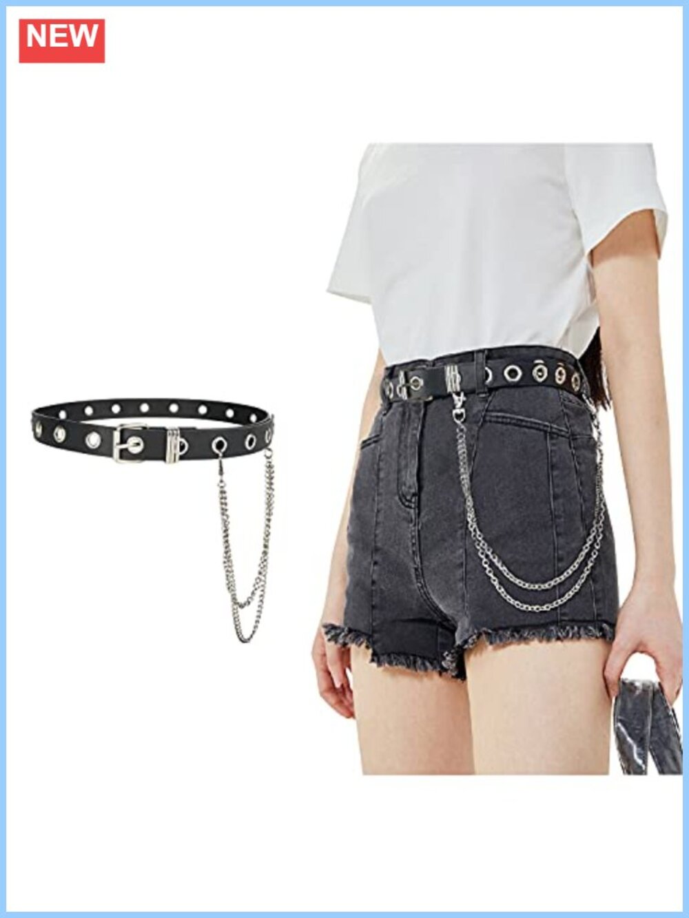 Grommet PU Leather Belt with Detachable Chain Punk Rock Waist Belt for Jeans